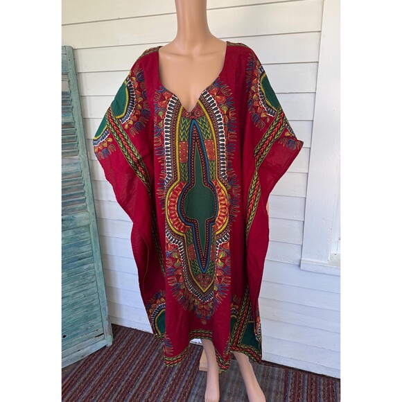Red Print Dashiki Kaftan Dress Maxi Long Vintage One Size XL XXL - Picture 2 of 7